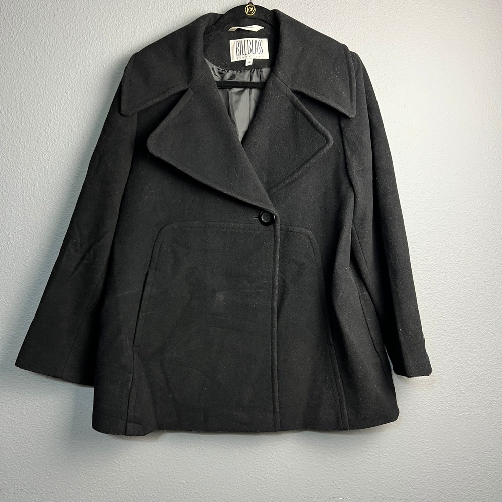 Bill Blass Signature Black‎ Wool Blend Pea Coat Jacket Women Size 14 Winter Warm